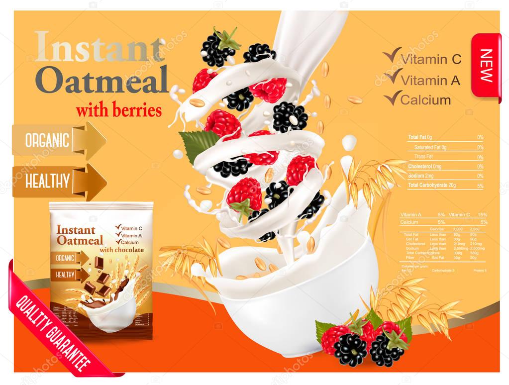 Instant oatmeal with raspberry and blackberry advert concept. Mi
