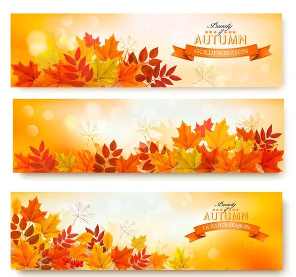 Tres banderas abstractas de otoño con hojas coloridas Vector — Vector de stock