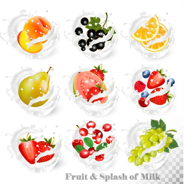 Big collection of fruit in a milk splash. Peach, orange, pear, — Stock Vector