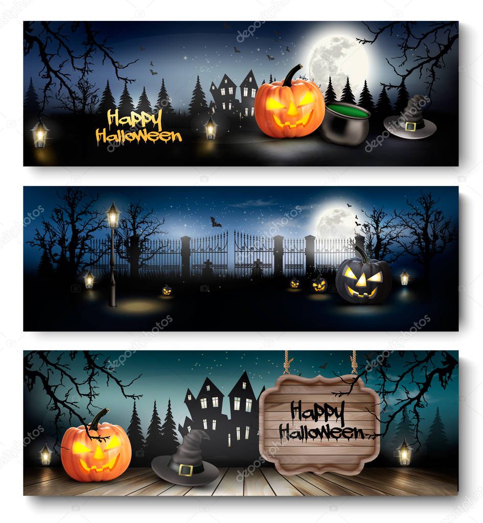 Group of Halloween banners with pumpkins and moon. Vector.