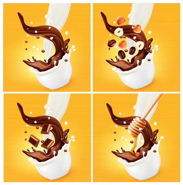 Big set Splash of Milk and Chocolate on transparent backgroun - Stok Vektor