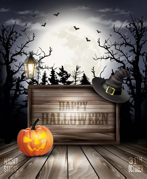 Fondo de Halloween aterrador con calabaza y letrero de madera. Vector . — Vector de stock