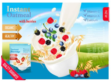 Çilek reklam konsepti ile anlık yulaf ezmesi. Tahıl ve çilek ile bir kase içine akan süt. Vektör.