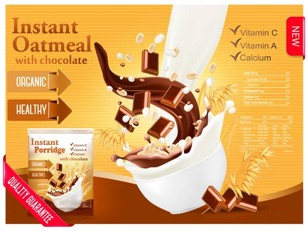 Harina de avena instantánea con concepto de anuncio de chocolate. Leche que fluye en — Vector de stock