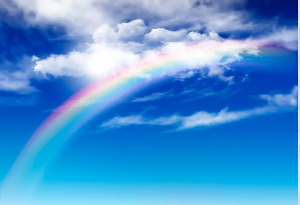 Vektorblaues Himmelspanorama mit weißen Wolken und Regenbogen. Vektor b — Stockvektor