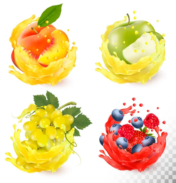 Sada ovocné šťávy splash. Hrozny, jablko, broskev, Borůvka, rašple — Stockový vektor
