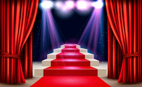 Showroom with red carpet leading to a podium and a spotlight. Fe — Stock Vector