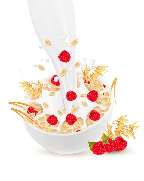 Milk flowing into a bowl with grain and raspberry. Vector. — Stock Vector