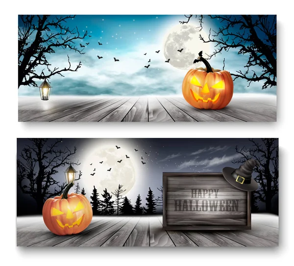 Banderas de Halloween aterradoras con calabazas y letrero de madera. Vector . — Archivo Imágenes Vectoriales