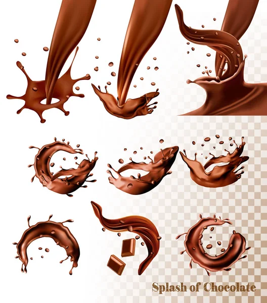 Gran juego de chapoteo de chocolate sobre fondo transparente. Vector — Vector de stock