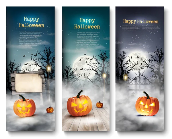 Groep van Halloween banners met pompoenen en maan. Vector. — Stockvector