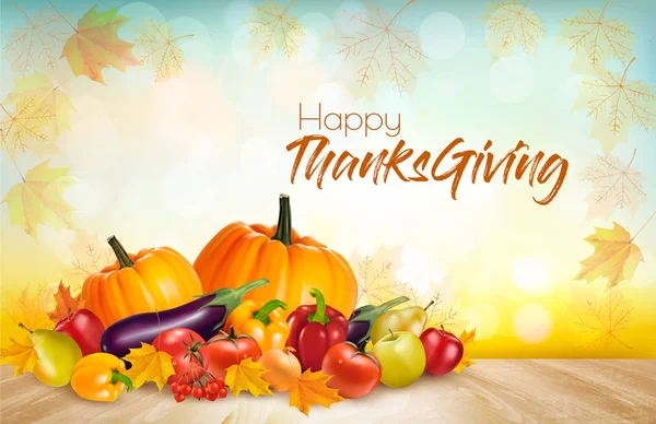 Happy Thanksgiving bakgrund med färgglada frukter och grönsaker — Stock vektor
