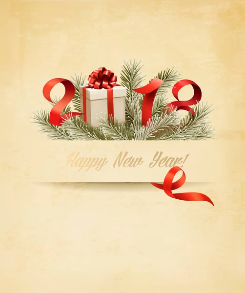 快乐新的一年 2018年背景有一个礼品盒和红丝带. — 图库矢量图片