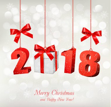 Yeni yıl arka plan ile bir 2018 ve bir hediye kutusu. Vektör.