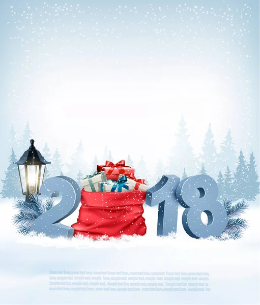 Fondo navideño con 2018 y saco rojo con regalo — Archivo Imágenes Vectoriales