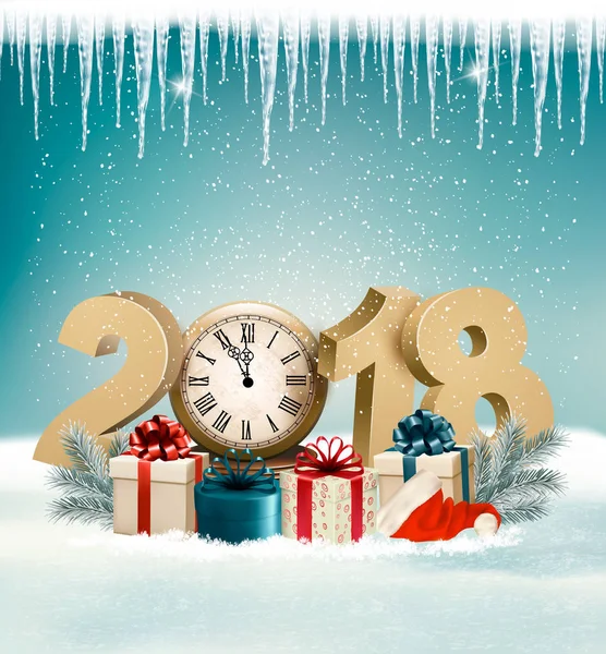 Szczęśliwy Nowy Rok 2018 tło z prezentami i zegar. Wektor. — Wektor stockowy