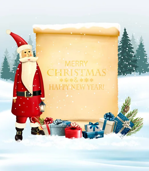 Holiday Kerstmis achtergrond met kerstman en een geschenkdozen een — Stockvector