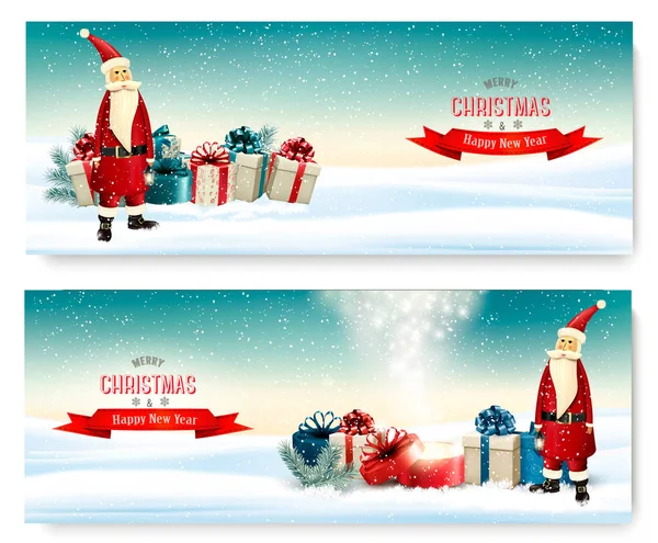 Dva rekreační vánoční bannery s dárkem krabice a Santa Claus. — Stockový vektor