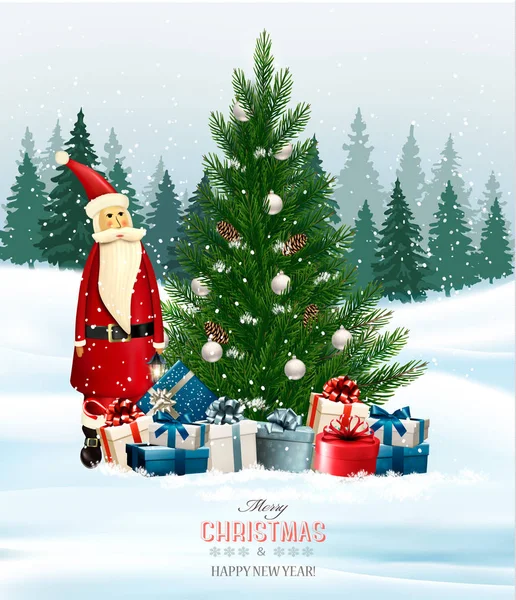 Fond de vacances avec un arbre de Noël et des cadeaux et le Père Noël — Image vectorielle