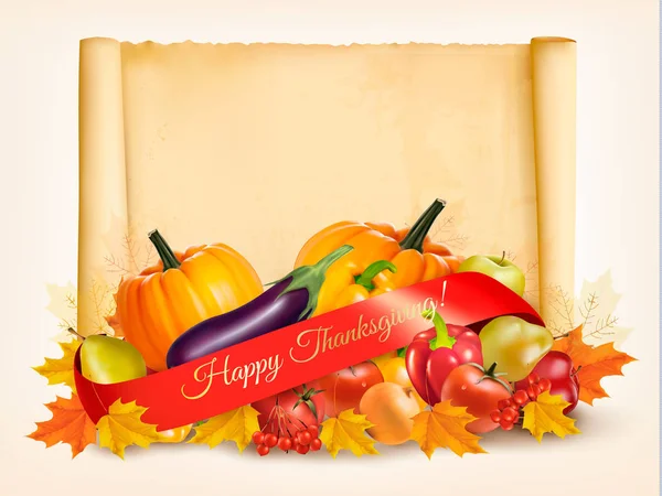 Ευτυχής ημέρα των Ευχαριστιών φόντο με φθινοπωρινά λαχανικά και παλιά Παπανικολάου — Διανυσματικό Αρχείο
