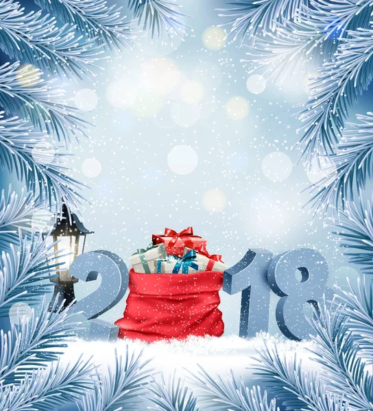 Kerst vakantie achtergrond met 2018 en geschenkverpakkingen. Vector. — Stockvector