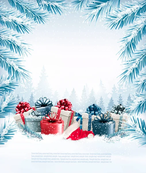 Merry Christmas Background z gałęzi drzewa i kolorowe gi — Wektor stockowy