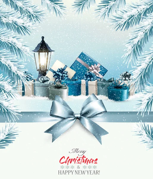 クリスマスの背景にプレゼント、ブルーのリボン。Vect — ストックベクタ