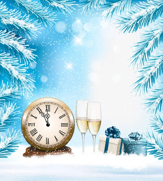 Holiday Christmas background with a champange and clock. Vector. — Stock Vector