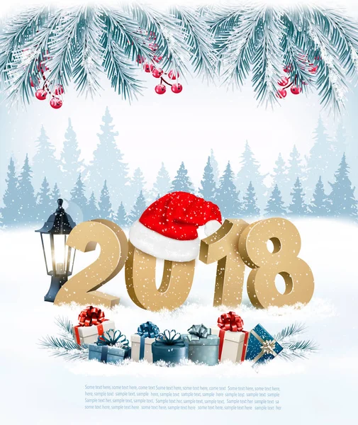 新年快乐2018背景与礼物和圣诞老人帽子。vect — 图库矢量图片