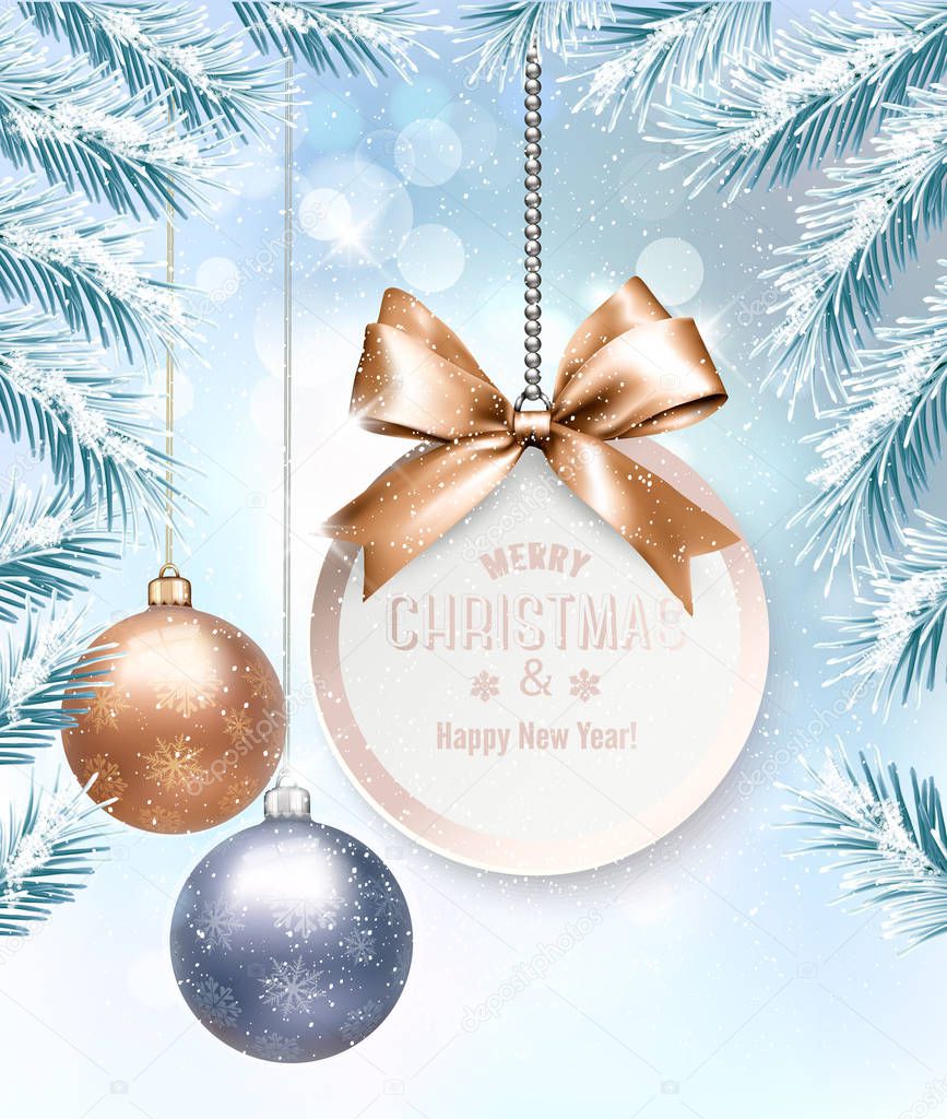 Holiday Christmas background with a gift card and a colorful bal
