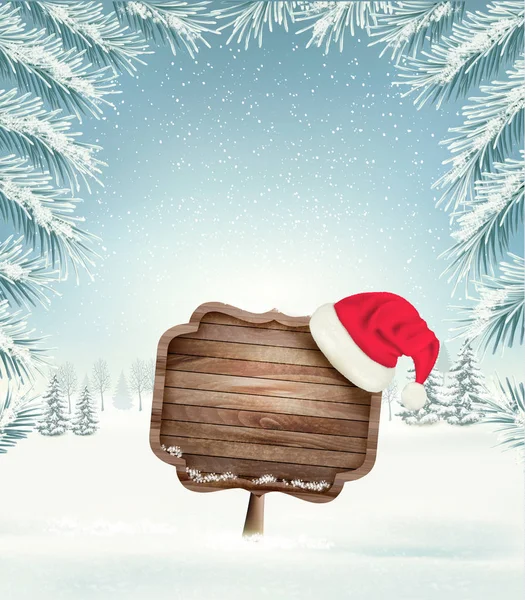 Fondo navideño con letrero de madera y sombrero de Sana. Vect. — Archivo Imágenes Vectoriales