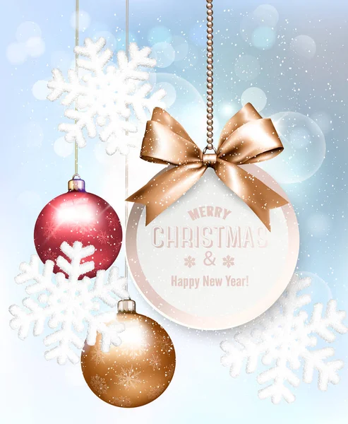 休日クリスマスの背景に雪の結晶、カラフルなボール — ストックベクタ