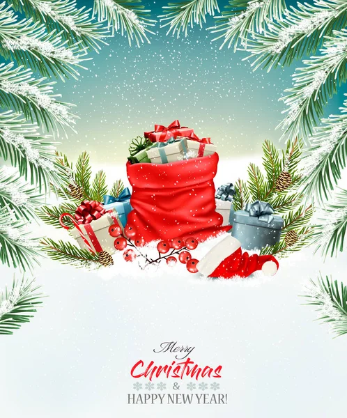 Vánoční dovolená pozadí s červeným pytlem plným představuje. Vect — Stockový vektor