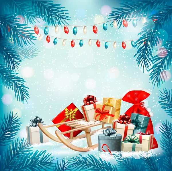 Vánoční dovolená pozadí s dárky na saních a garla — Stockový vektor