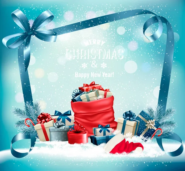 Fond de Noël avec un sac rouge cadeaux complets et santa chapeau — Image vectorielle