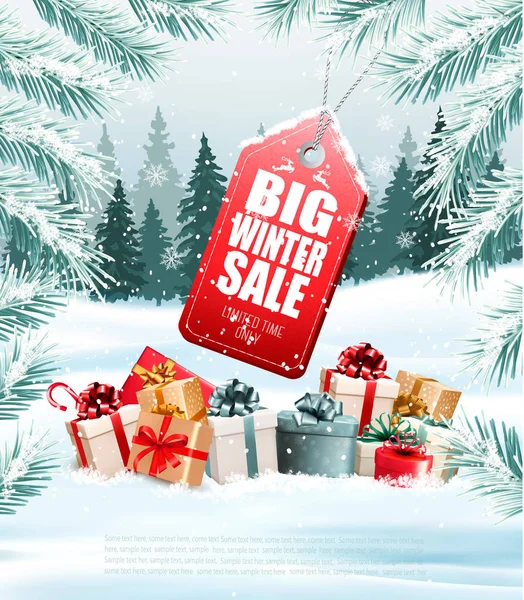 冬季销售标签在圣诞节背景树的分支 — 图库矢量图片