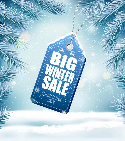Velký vánoční Výprodej na zimní pozadí s větvemi stromů — Stockový vektor