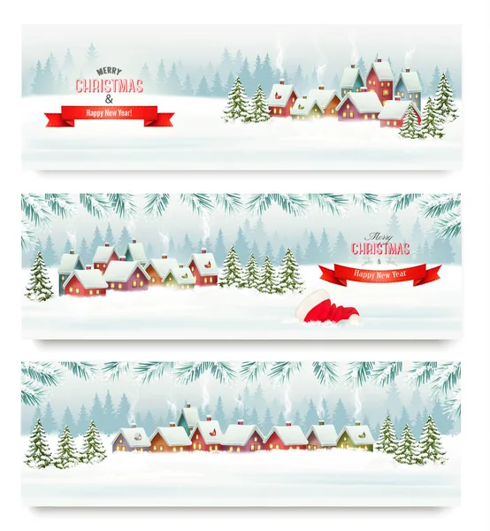 Tres banderas navideñas con un pueblo de invierno y landsc — Vector de stock