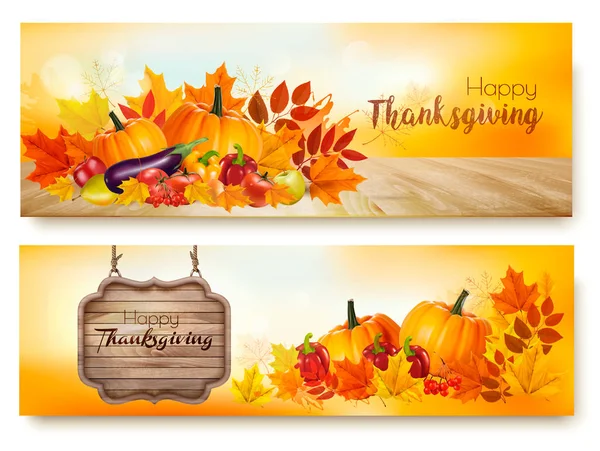 Set of Happy Thanksgiving banners with autumn vegetables and col — Stock Vector