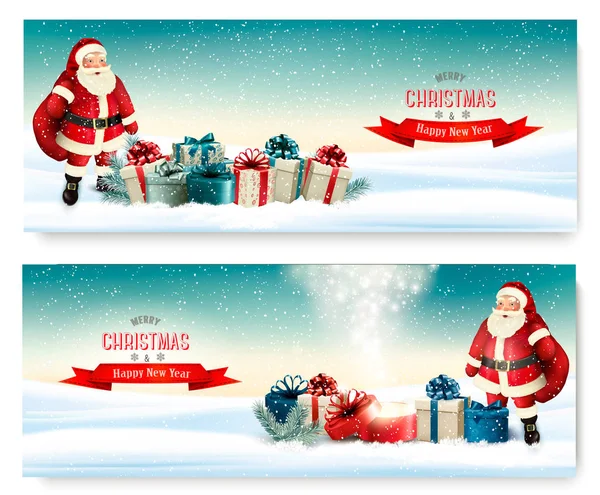 两个节日圣诞横幅礼品盒和圣诞老人. — 图库矢量图片