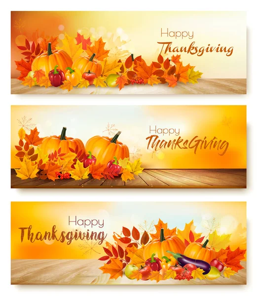 Feliz Thanksgiving banners com legumes de outono e l colorido — Vetor de Stock