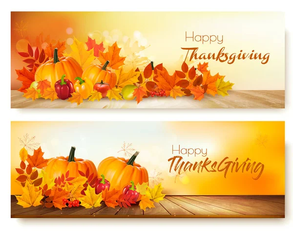 Happy Thanksgiving banners met herfst groenten en kleurrijke l — Stockvector