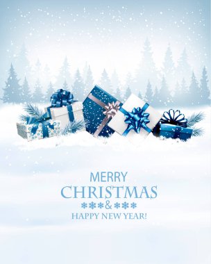 Neşeli Noel arka plan ile 2018 ve hediye kutuları. Vektör