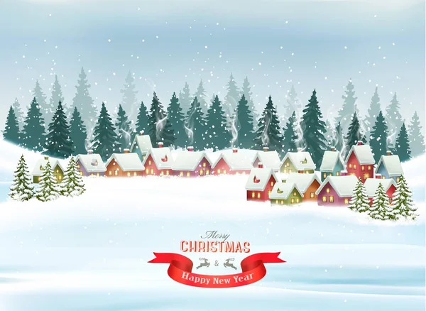 Holiday Christmas background with a village and  trees. Vector. — Stock Vector