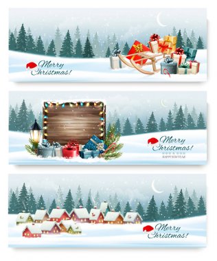 Neşeli Noel tatil afiş ile bir kış Köyü ve prese