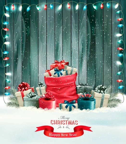 Weihnachten Hintergrund mit einem Sack voller Geschenkboxen und — Stockvektor