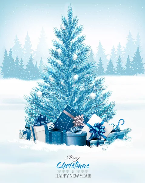 圣诞节的背景有一棵蓝色的树和礼物。vect — 图库矢量图片