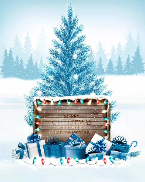 Christmas holiday background with a blue tree and wooden board. — Stock Vector