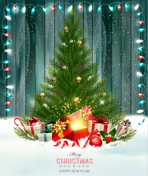 Fond de vacances de Noël avec un arbre vert et boîte magique. Ve — Image vectorielle