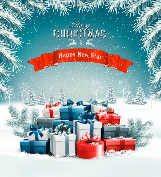 快乐的圣诞背景与树枝和五颜六色的 gi — 图库矢量图片